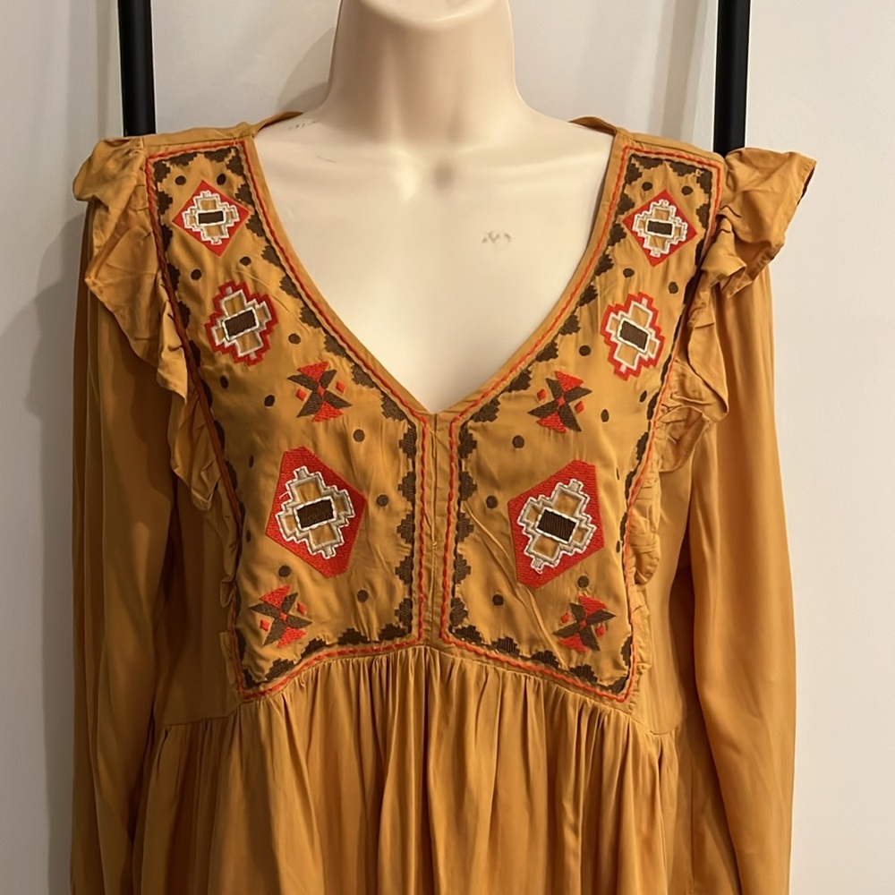 Jodifl Mustard Embroidered Ruffle Blouse L Boho Long Sleeve Top - Picture 2 of 11